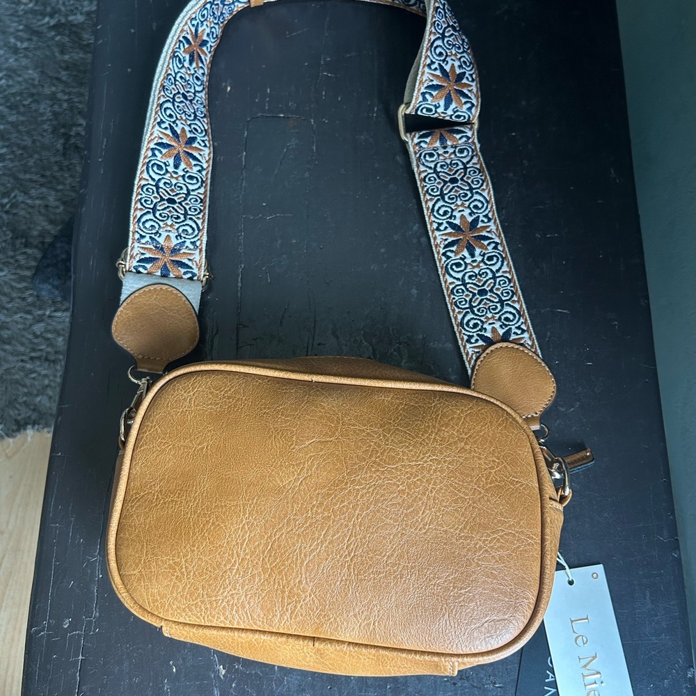 LA MIEL Tan Crossbody Bag with Patterned Strap